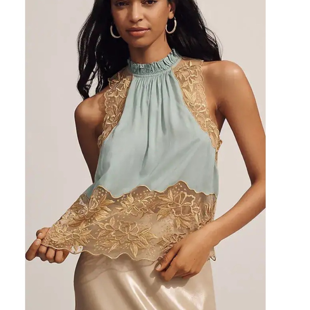 Anthropologie Lace Halter Blouse - Blue and Gold